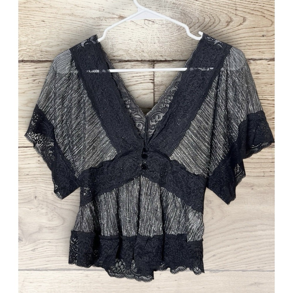 Forever 21 Sheer Shimmer Lace Trim V Neck Top Black Size S Y2K Whimsigoth Fairy